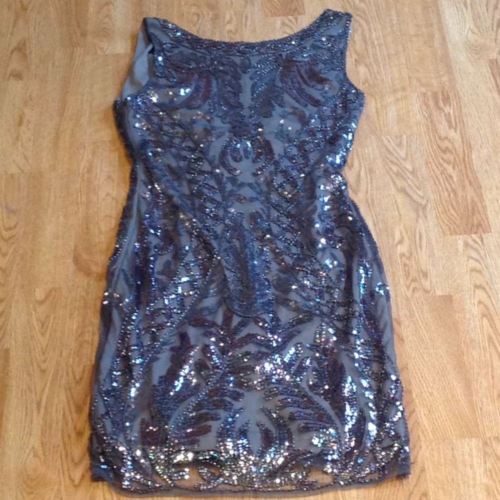 SILVER sequin METALLIC MINI DRESS WITH EMBELLISHMENT, small